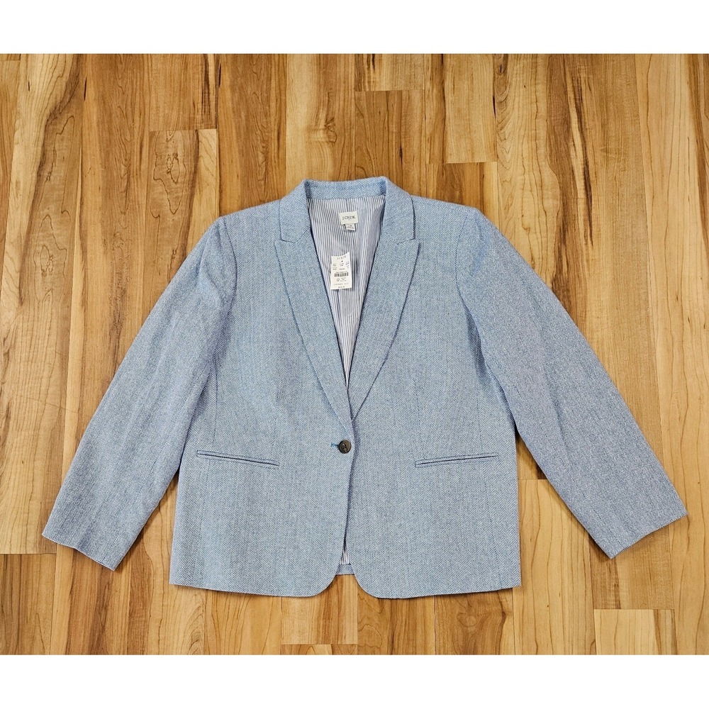 J.Crew Parka Blazer Linen Cotton Blend Womens SZ 18 Blue Herringbone One Button - Picture 3 of 14